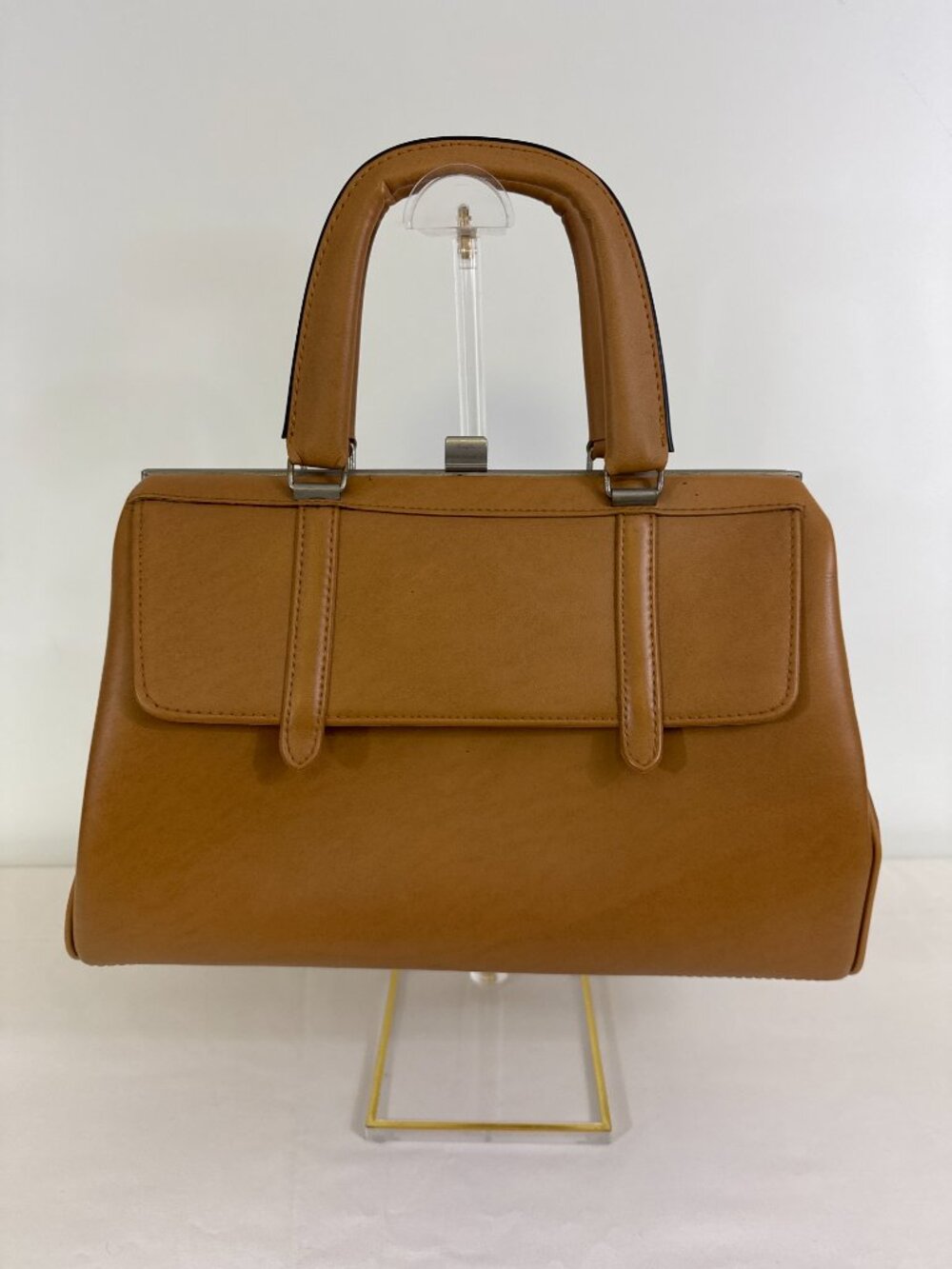 Vintage Leather Frame Bag Tan Top Handle Structured Kiss Lock Doctor Bag